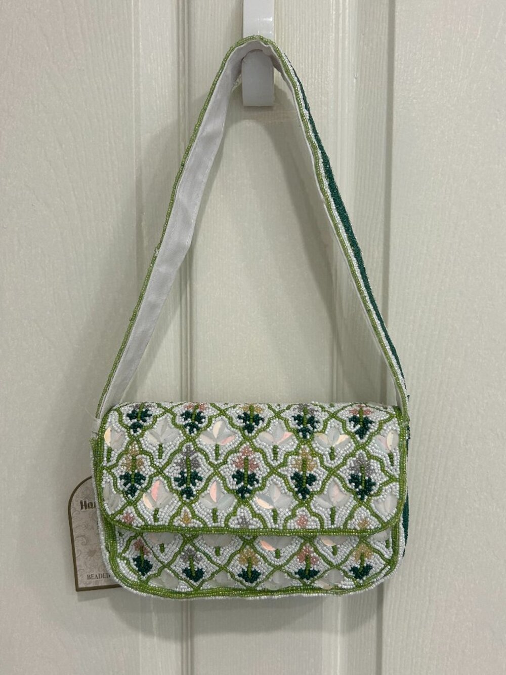 Made in India Green & White Garden Trellis Beaded Sequin Floral Bag New Release